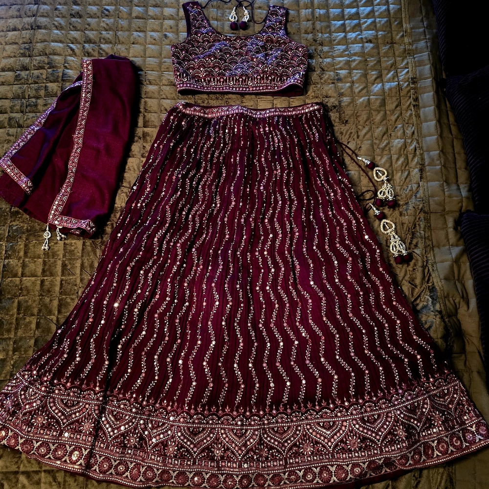 Plum Colored Embroidered Custom Lehenga Set